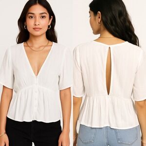 Volcom White Peplum‎ Blouse M Open Back Short Sleeve Viscose Boho Summer Top